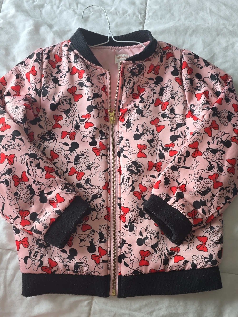 Disney Pink Minnie Mouse Patterned Bomber Jacket with Black Accents